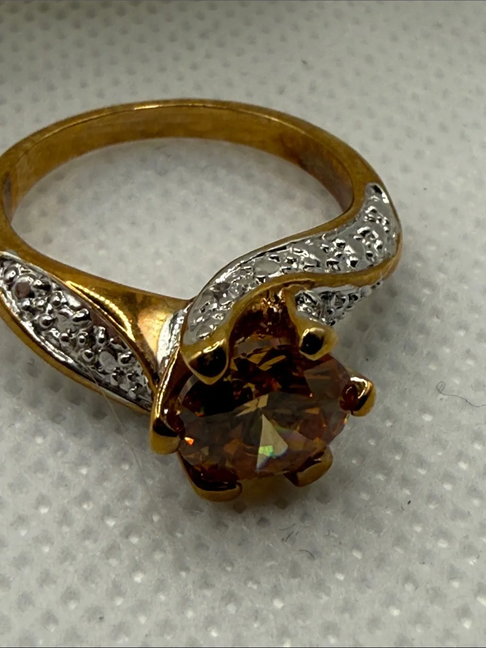Vintage Gold-Tone plated Citrine Solitaire Ring Pavé Accents mixed metal glam
